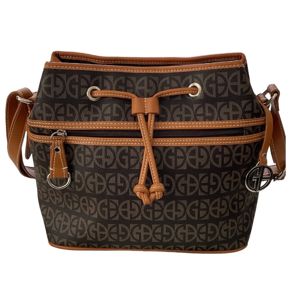 Giani Bernini Brown and Tan Monogram Drawstring Shoulder Bag